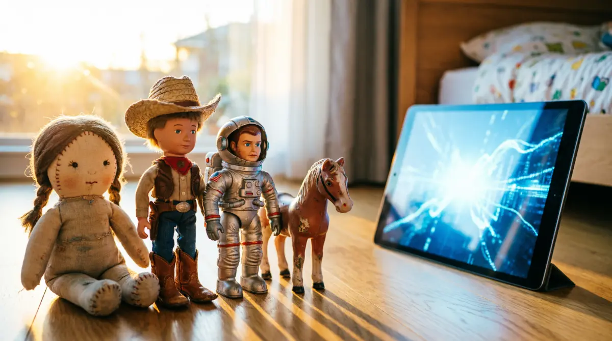 Toy Story 5 toys facing a glowing tech screen in a sunlit room, hinting at the movie’s toy vs tech storyline.