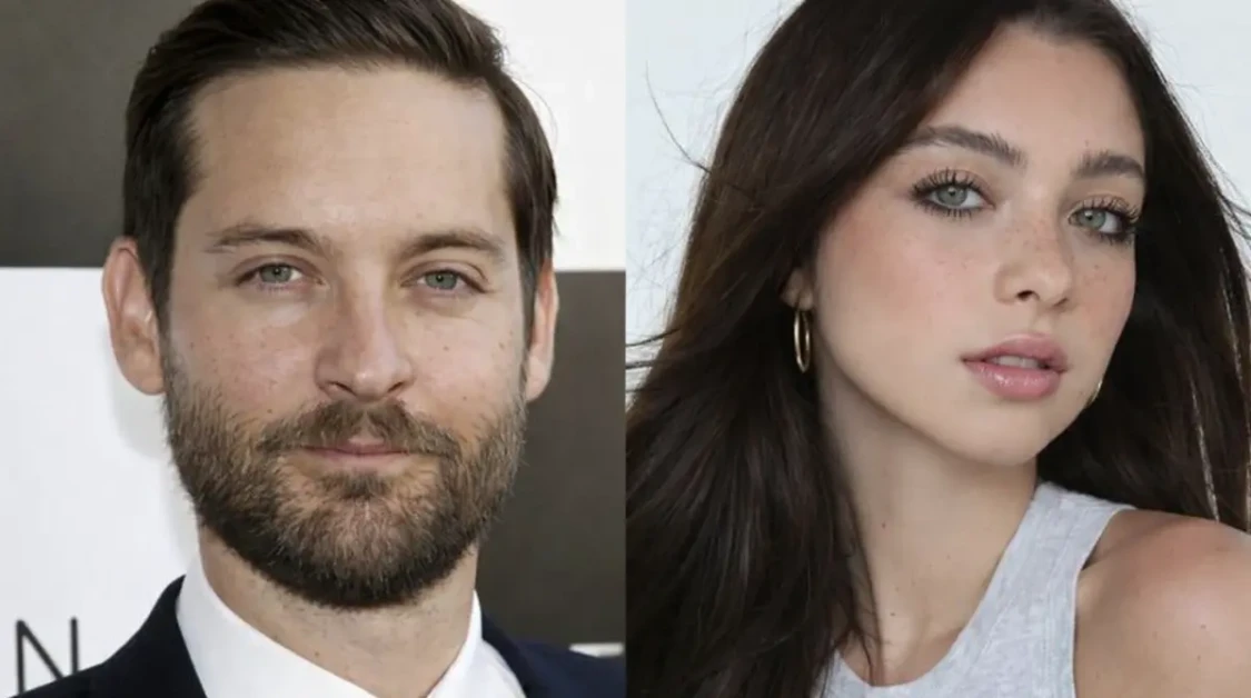 Side-by-side close-up portrait of a Toby Maguire in a navy suit and a young woman with long dark hair wearing a light gray sleeveless top