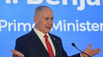 Benjamin Netanyahu speaking at a conference addressing the US Iran nuclear deal and nuclear negotiations
