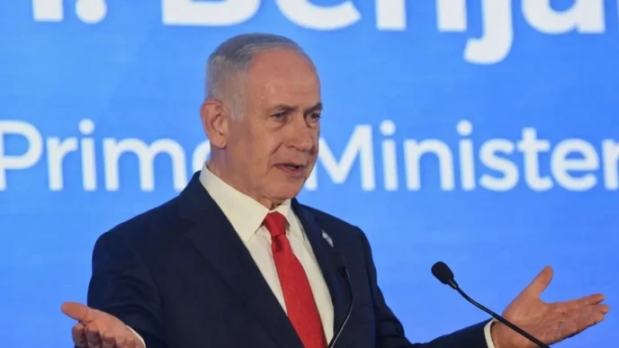 Benjamin Netanyahu speaking at a conference addressing the US Iran nuclear deal and nuclear negotiations