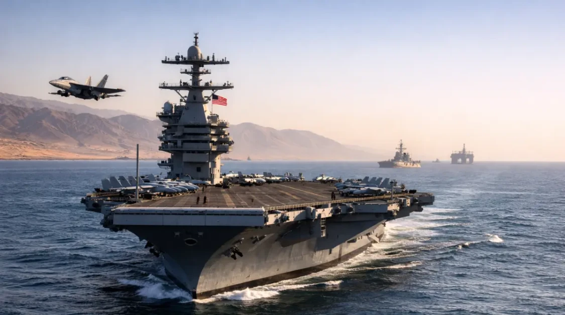 USS Gerald R. Ford deployment to Middle East shown with the carrier sailing near regional coastline and escort vessels at sea.