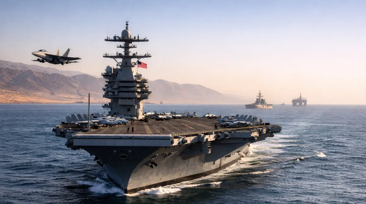 USS Gerald R. Ford deployment to Middle East shown with the carrier sailing near regional coastline and escort vessels at sea.
