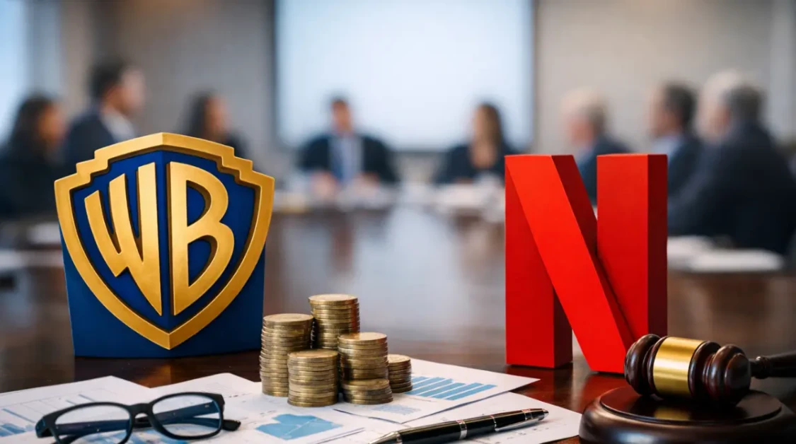 Warner Bros and Netflix logos displayed on a boardroom table with financial documents, coins, and a gavel during a corporate meeting