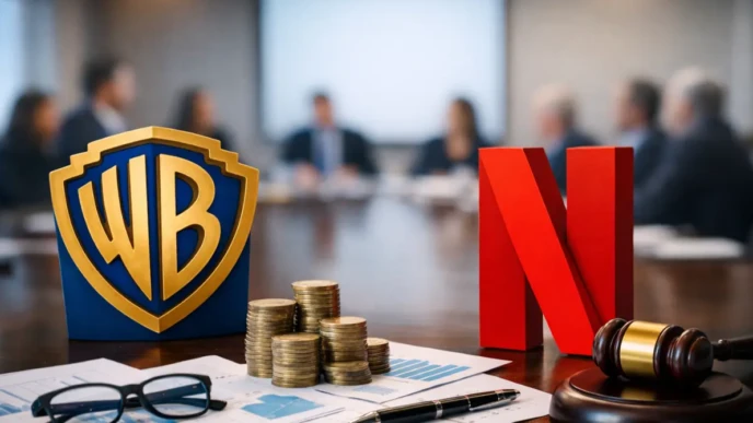 Warner Bros and Netflix logos displayed on a boardroom table with financial documents, coins, and a gavel during a corporate meeting