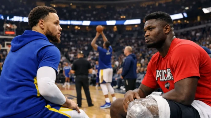 Golden State Warriors and New Orleans Pelicans players during pregame warmups as injury report impacts Feb. 24 tipoff