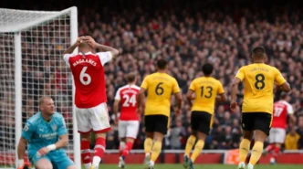 Wolves vs Arsenal players react near the goal during a tense Premier League match moment with no faces visible