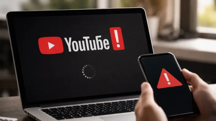 YouTube outage displayed on laptop and smartphone screens showing loading error during widespread service disruption