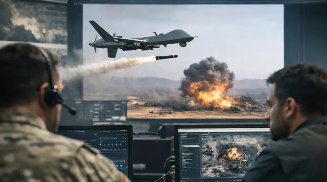 Anthropic military ban context as analysts monitor drone strike simulation on screens in command center.
