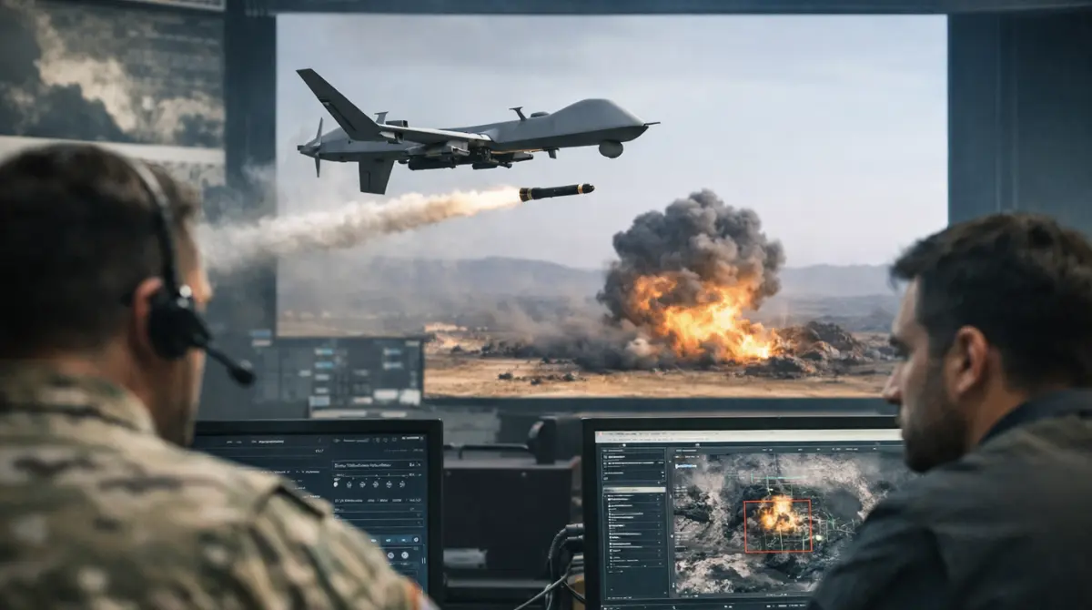 Anthropic military ban context as analysts monitor drone strike simulation on screens in command center.