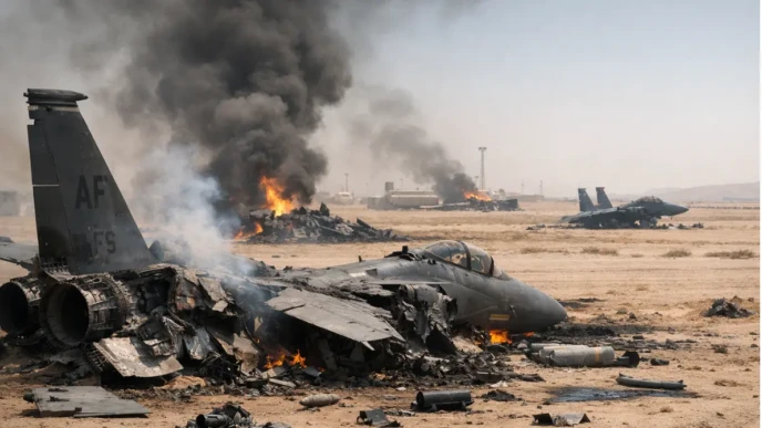 Wreckage of three F15 fighter jets burning on a desert airfield after a reported friendly fire incident