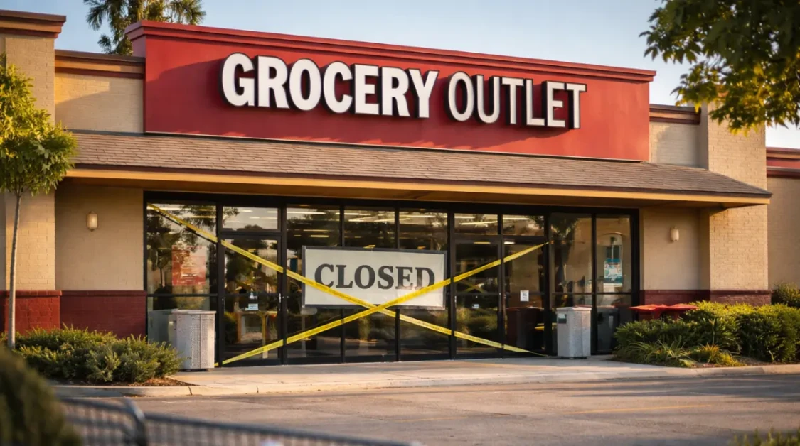 Closed Grocery Outlet supermarket entrance with caution tape and empty parking lot, representing planned store closures by 2026