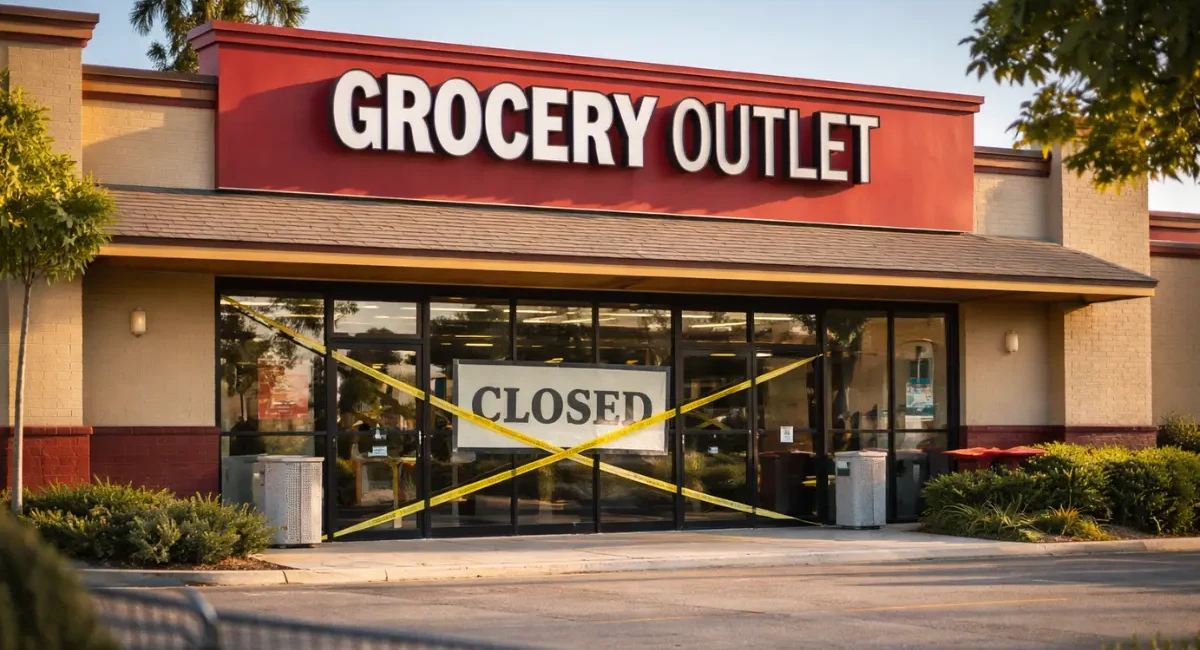 Closed Grocery Outlet supermarket entrance with caution tape and empty parking lot, representing planned store closures by 2026