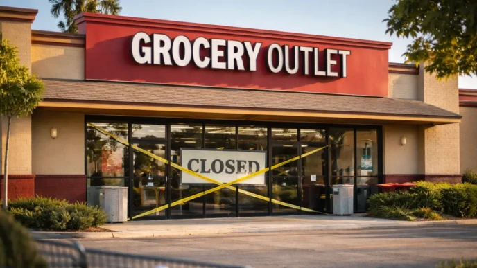 Closed Grocery Outlet supermarket entrance with caution tape and empty parking lot, representing planned store closures by 2026