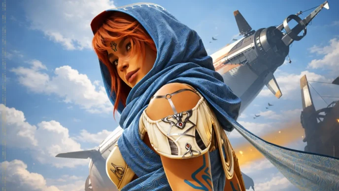Highguard character in blue hooded scarf stands before a futuristic aircraft under a bright sky, cinematic lighting.