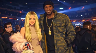 Lamar Odom in a semi-realistic animated illustration standing at an event with a woman, shown in landscape format with stage lights and a crowd in the background.