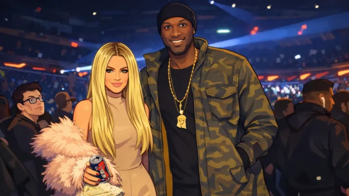 Lamar Odom in a semi-realistic animated illustration standing at an event with a woman, shown in landscape format with stage lights and a crowd in the background.
