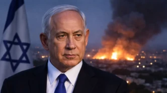 Israeli Prime Minister Benjamin Netanyahu with Israeli flag as explosions light up city skyline at dusk