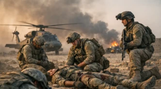 U.S. soldiers secure a battlefield after Operation Epic Fury amid smoke, military vehicles, and rising flames