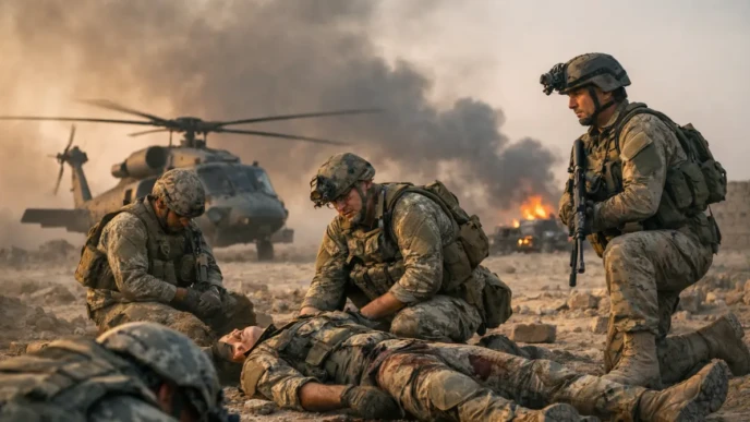 U.S. soldiers secure a battlefield after Operation Epic Fury amid smoke, military vehicles, and rising flames
