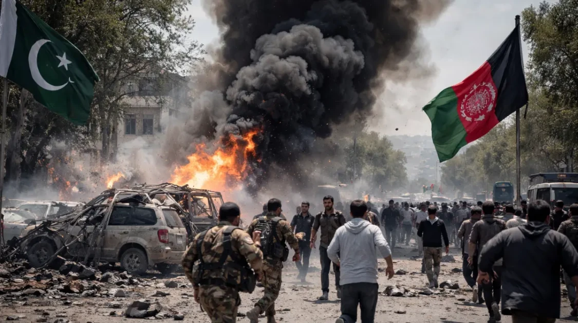 Smoke rises over damaged vehicles in Kabul street as security forces respond amid escalating Pakistan-Afghanistan conflict