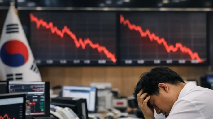 South Korean stock exchange trading floor with falling red market charts on large screens as a trader reacts to the sharp market decline