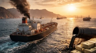 Oil tanker navigating the Strait of Hormuz Oil shipping lane at sunset amid rising geopolitical tensions