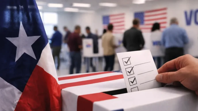 Hand placing a ballot into a ballot box at a Texas polling station with voters and flags visible during primary election voting.