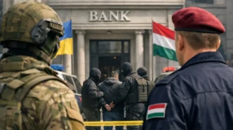 Editorial image showing a tense Ukraine Hungary dispute scene outside a bank as security officers detain civilians.