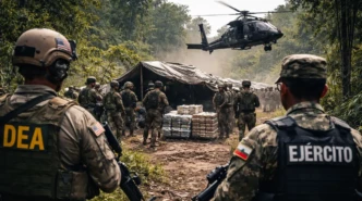 US and Ecuador security forces conduct anti-drug operation in jungle as military helicopter supports raid on narco-terror camp