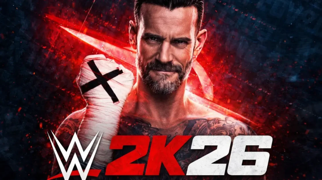 WWE 2K26 inspired promotional artwork featuring a wrestler portrait with dramatic red lighting and bold game branding style